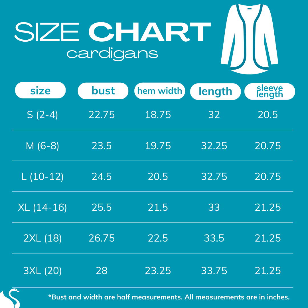 2025 size chart for fall and seasonal cardigans