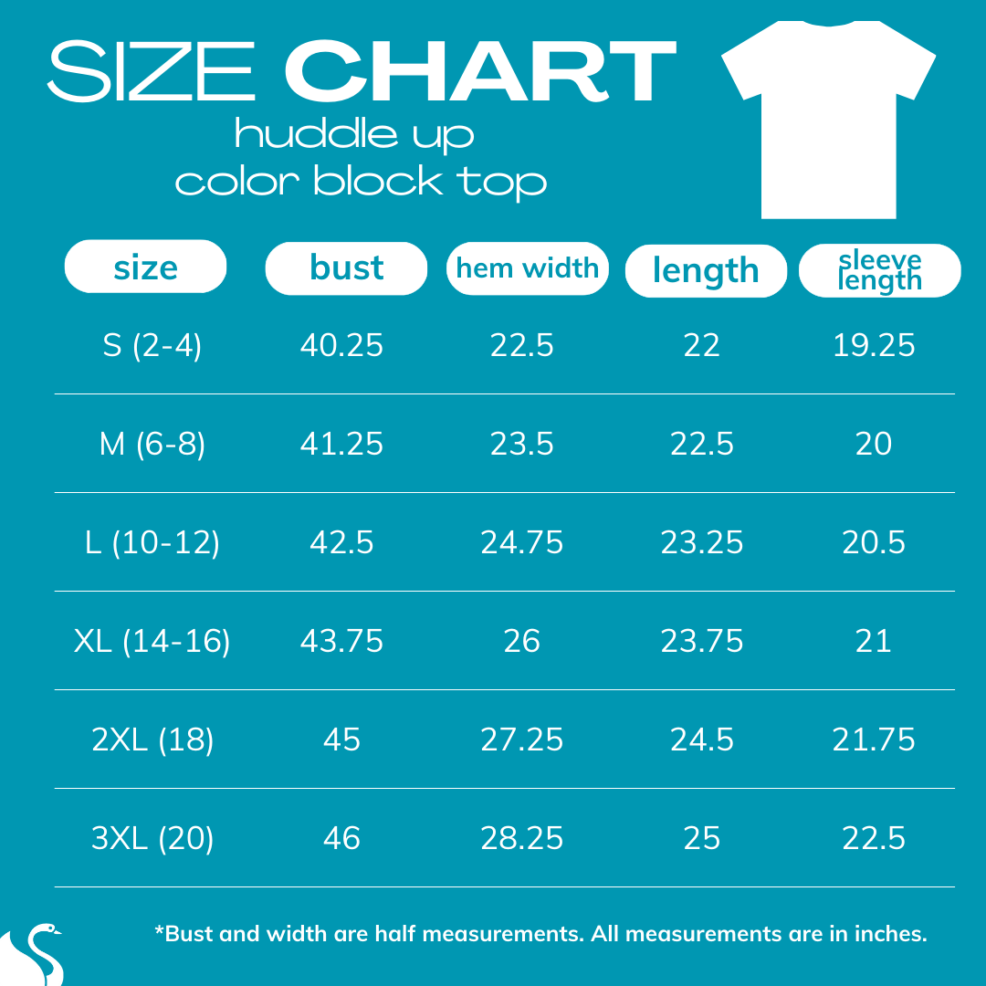 2025 size chart for HUDDLE UP COLOR BLOCK TOP