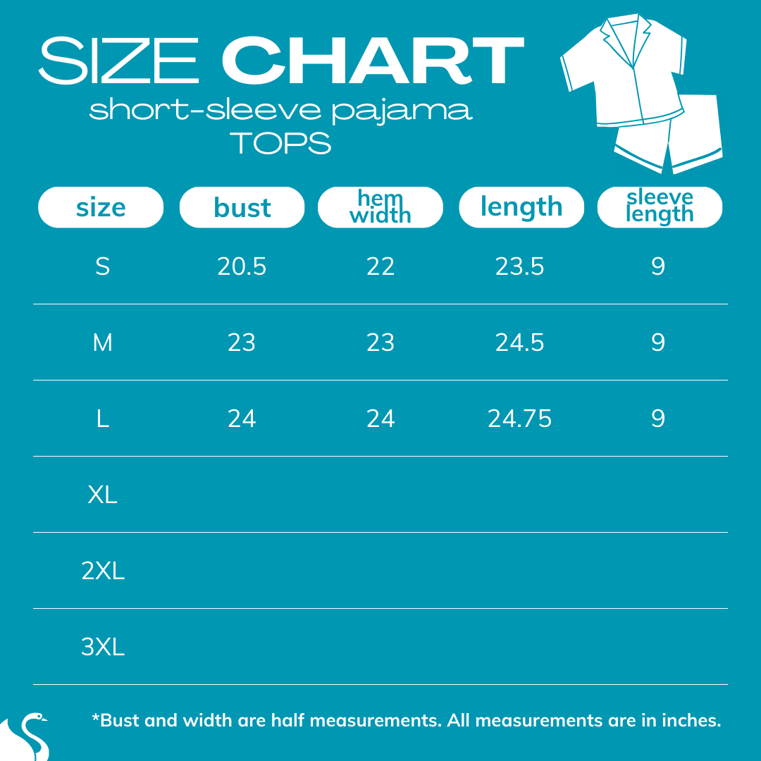 2025 size chart for short-sleeve pajama tops