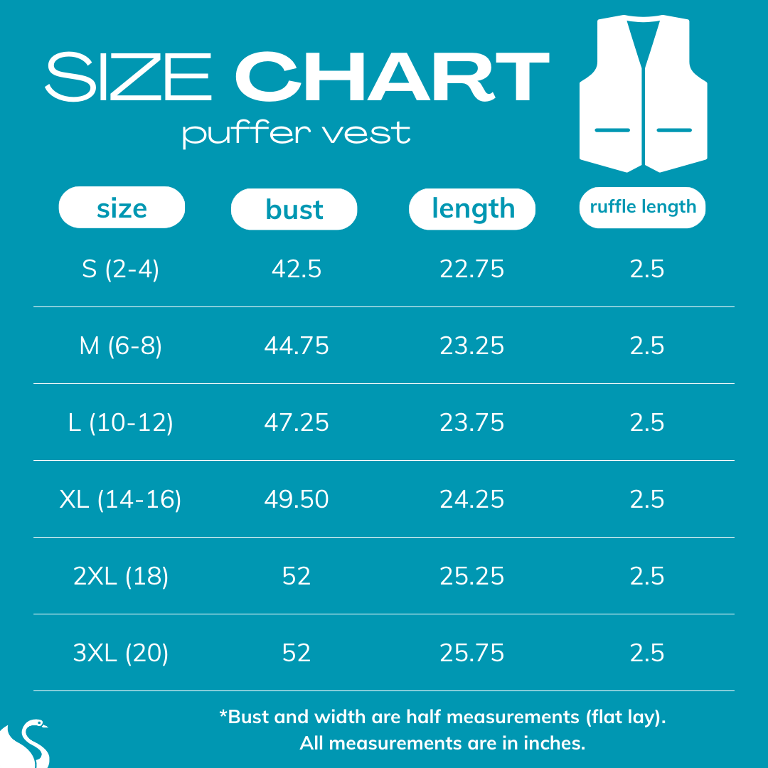 Size chart for puffer vests with measurements on a blue background