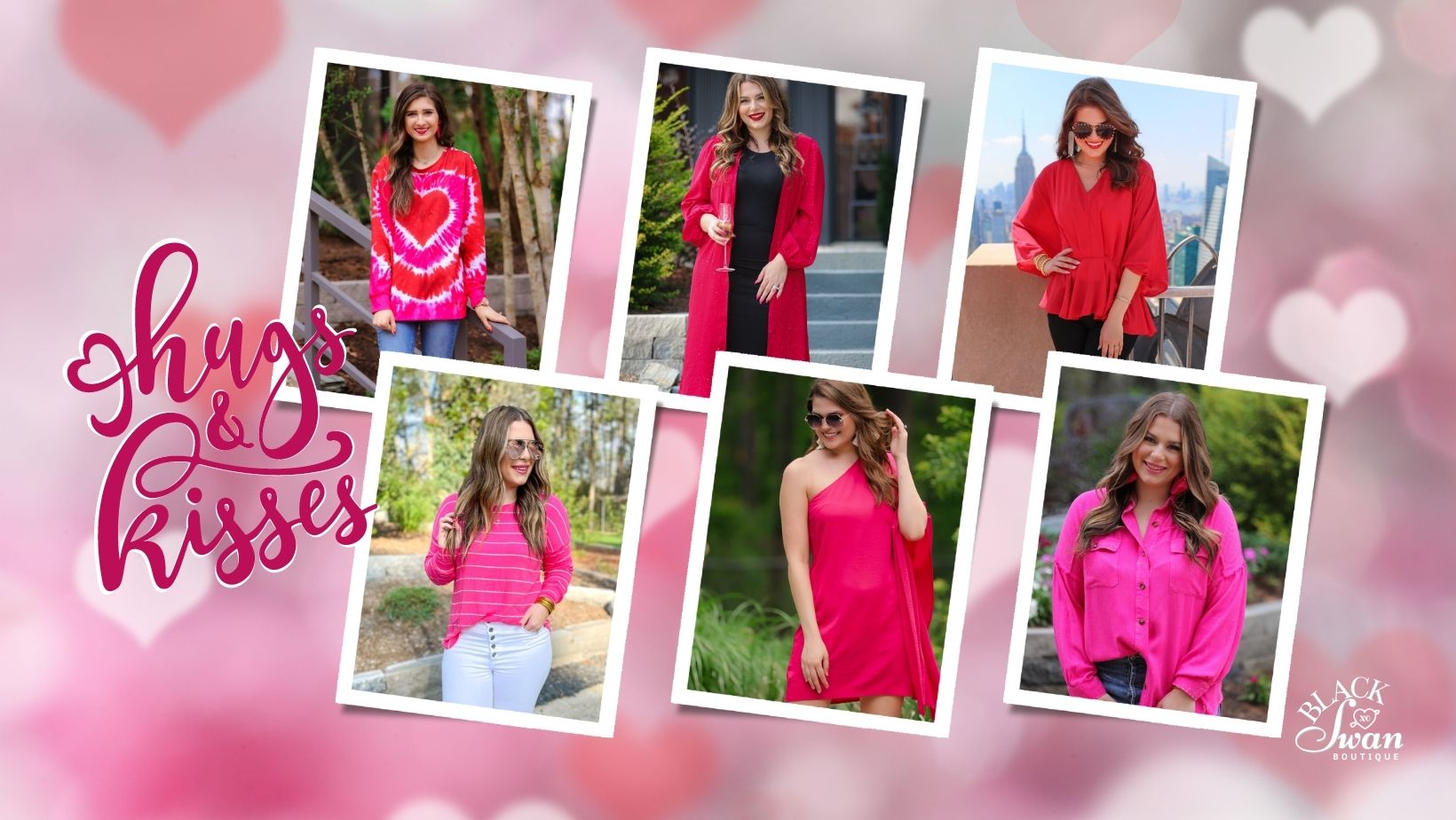 hugs and kisses collection cover page with six product images on a heart background