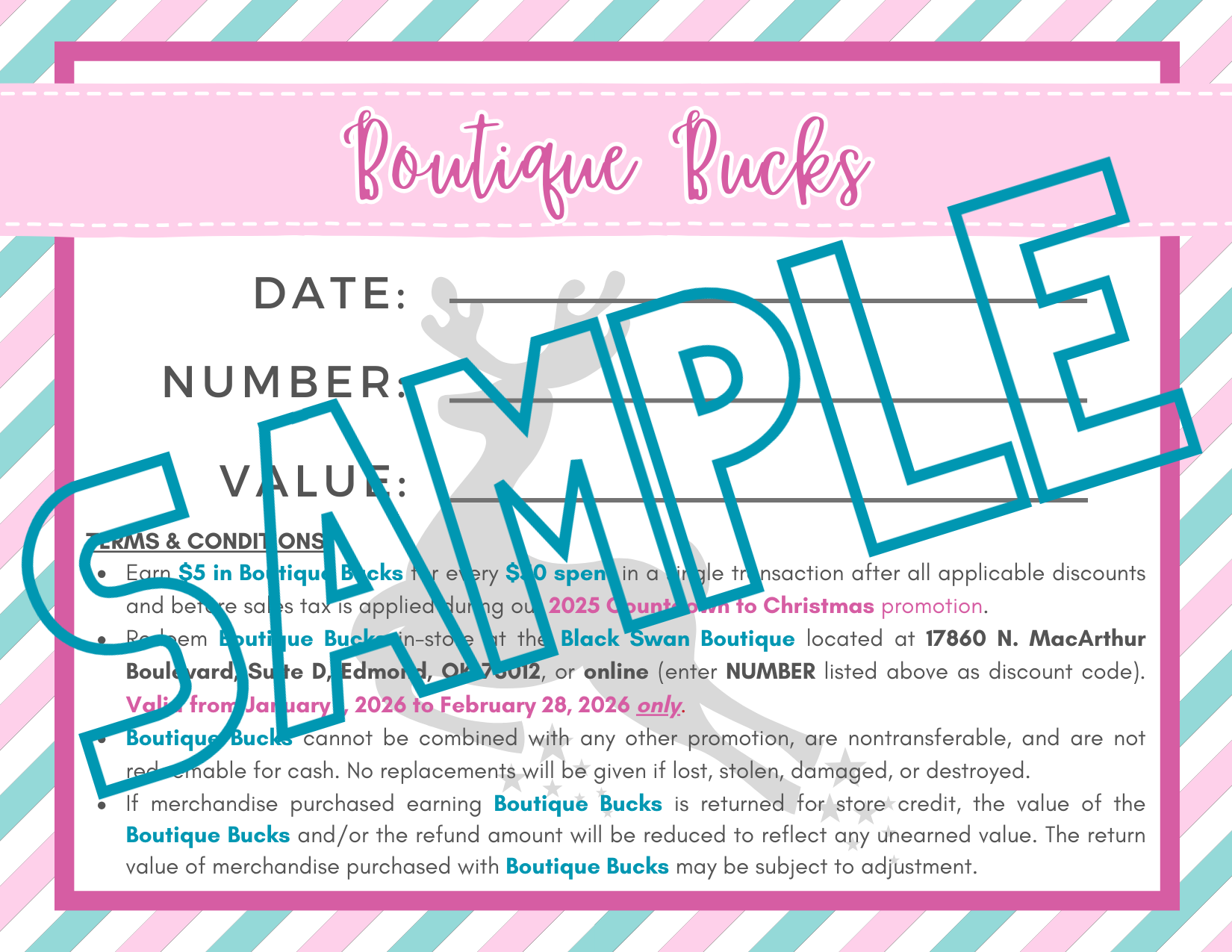 Boutique Bucks redemption card with 'SAMPLE' text overlay
