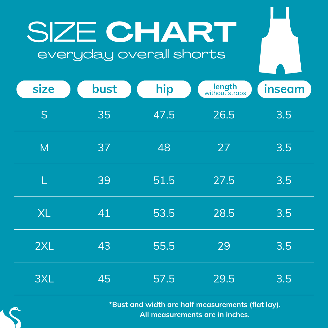 2025 size chart everyday overall shorts