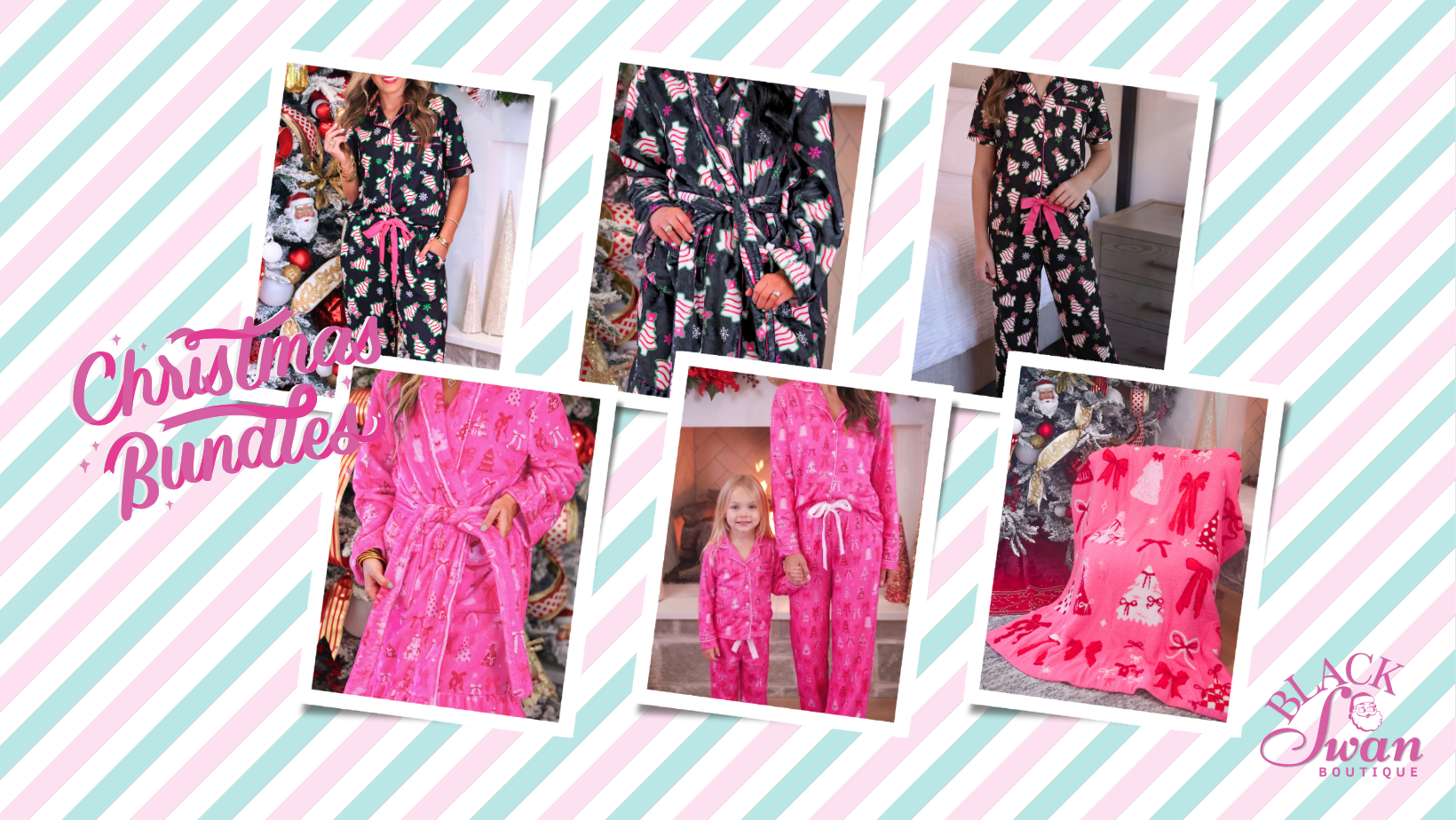 A promotional collage for a Christmas pajama bundle, showing five photo frames with models wearing matching black and pink floral pajama sets and robes, alongside a folded pink robe and a matching headband. The background is a pastel diagonal striped pattern with the text 'Christmas Bundles' and the brand logo 'Black Swan Boutique'.