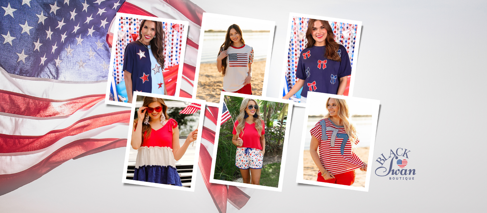 6-picture photo collage of patriotic items accented with an American flag on the left and BSB patriotic logo on the bottom right
