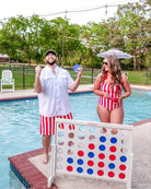 red and white striped swimsuit trunks for men and one-piece for women