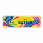 a 4oz butter-stick inspired squishy with a marbled design, salted butter label, soft squeezable texture, and clear individual packaging in cotton candy swirl (pink)