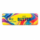a 4oz butter-stick inspired squishy with a marbled design, salted butter label, soft squeezable texture, and clear individual packaging in rainbow swirl (red)