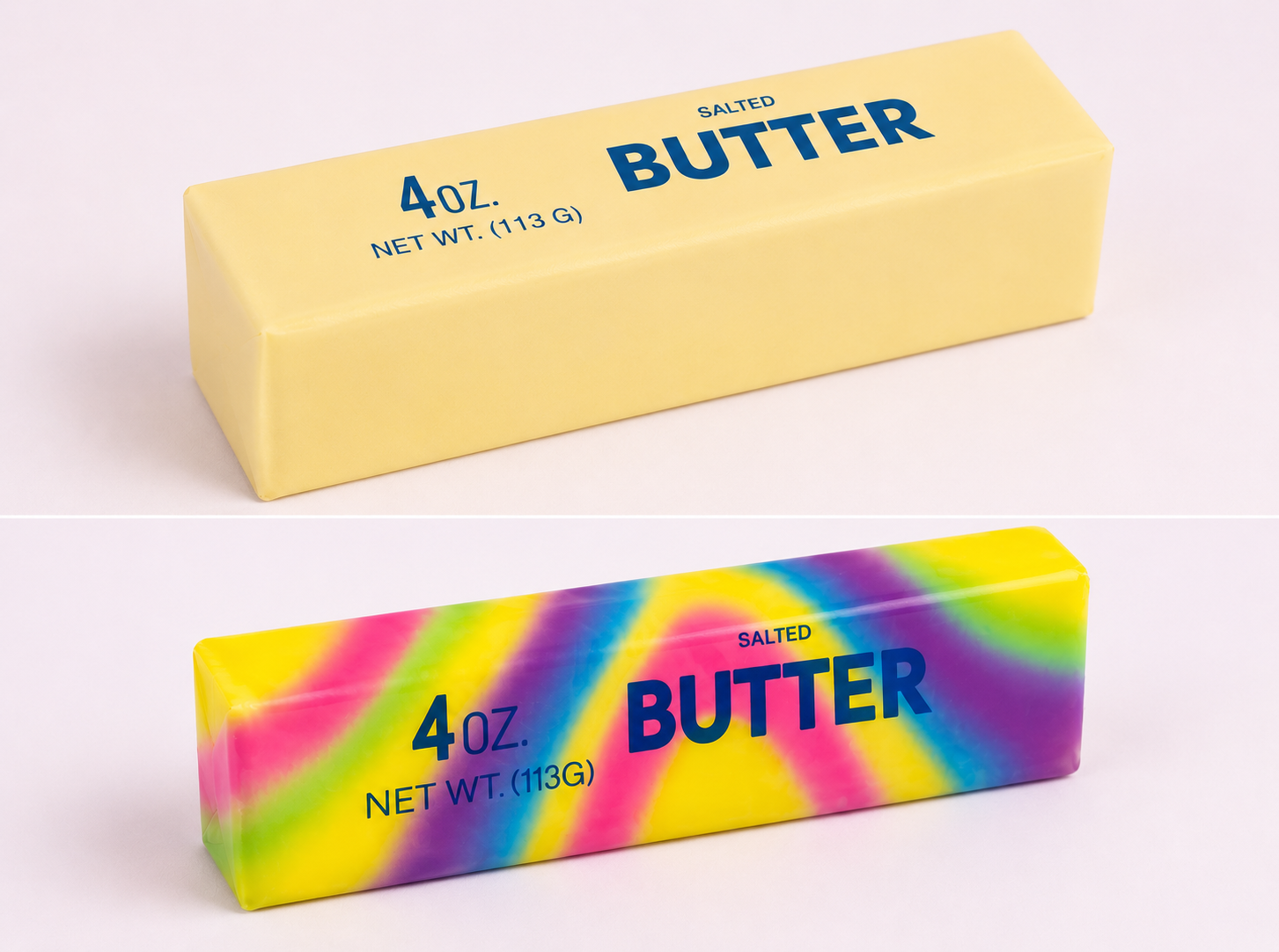 Two packages of salted butter, one plain yellow and one tie-dye, on a white background.