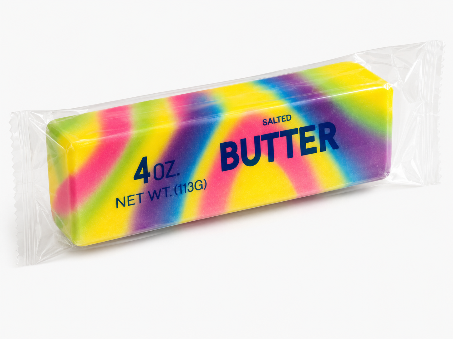 Colorful block of salted butter in a clear package on a white background