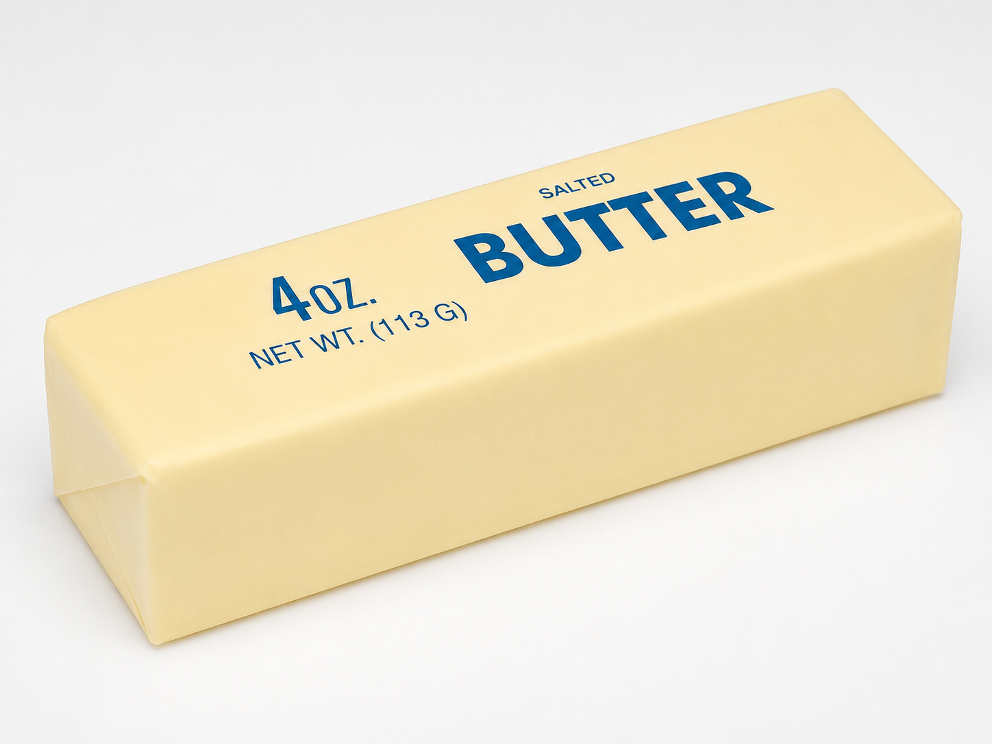 Block of butter with 'Salted Butter' text on a white background