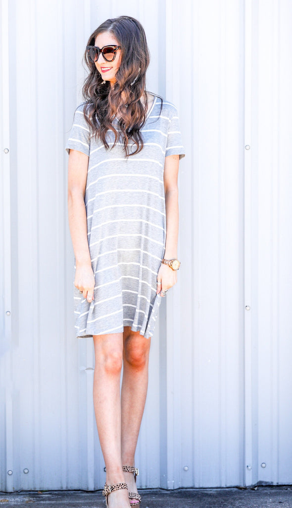Abby Perfect V-Neck Striped Dress HEATHERED GREY (Taylor)
