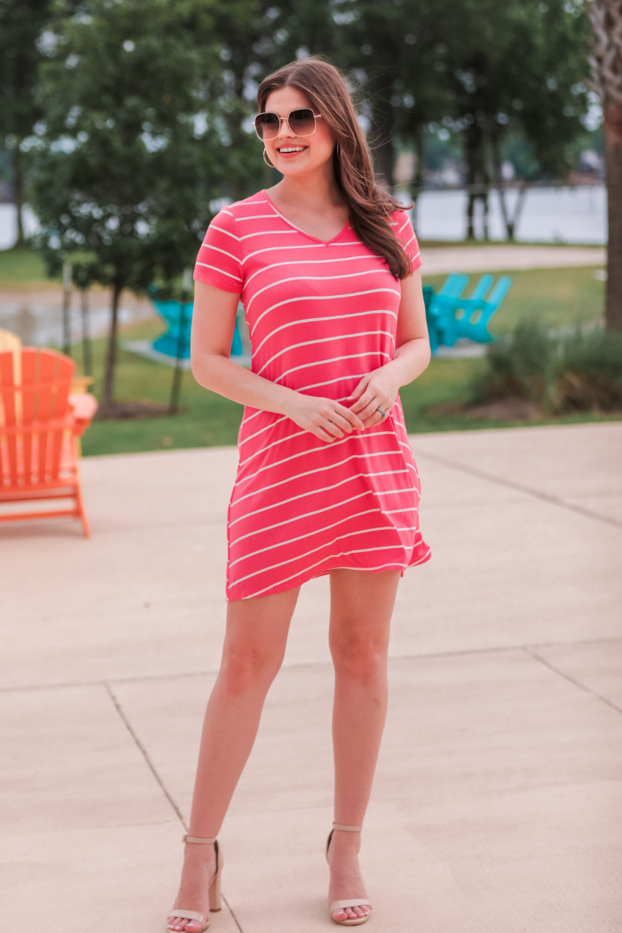 short sleeves, a super soft fabric, a v-neck, an a-line style with a straight hemline, and a solid color fabric with horizontal white stripes