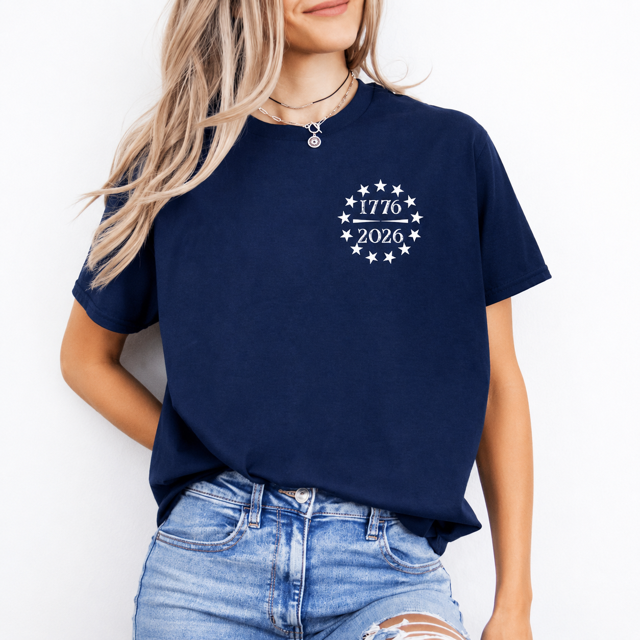 a soft navy unisex Gildan t-shirt with a crew neckline, short sleeves, a front 1776 / 2026 star circle graphic, a bold American flag and 250 YEARS Quarter-Millenial back design, and an easy year-round fit