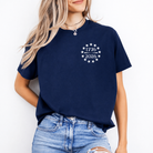 a soft navy unisex Gildan t-shirt with a crew neckline, short sleeves, a front 1776 / 2026 star circle graphic, a bold American flag and 250 YEARS Quarter-Millenial back design, and an easy year-round fit