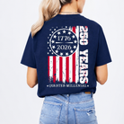 a soft navy unisex Gildan t-shirt with a crew neckline, short sleeves, a front 1776 / 2026 star circle graphic, a bold American flag and 250 YEARS Quarter-Millenial back design, and an easy year-round fit