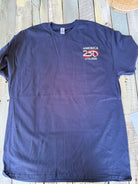 a soft navy unisex Gildan t-shirt with a crew neckline, short sleeves, a front America 250 chest graphic, a bold 1776 America back design, a 250 Years of Freedom detail, and an easy year-round fit
