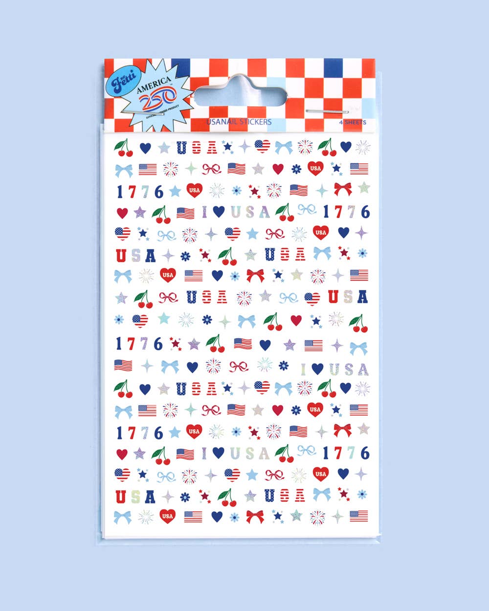 four complete sheets of peel-and-stick nail art with premium CMYK color, iridescent foil, and patriotic icons (bows, cherries, fireworks, flags, hearts, stars, and USA accents)
