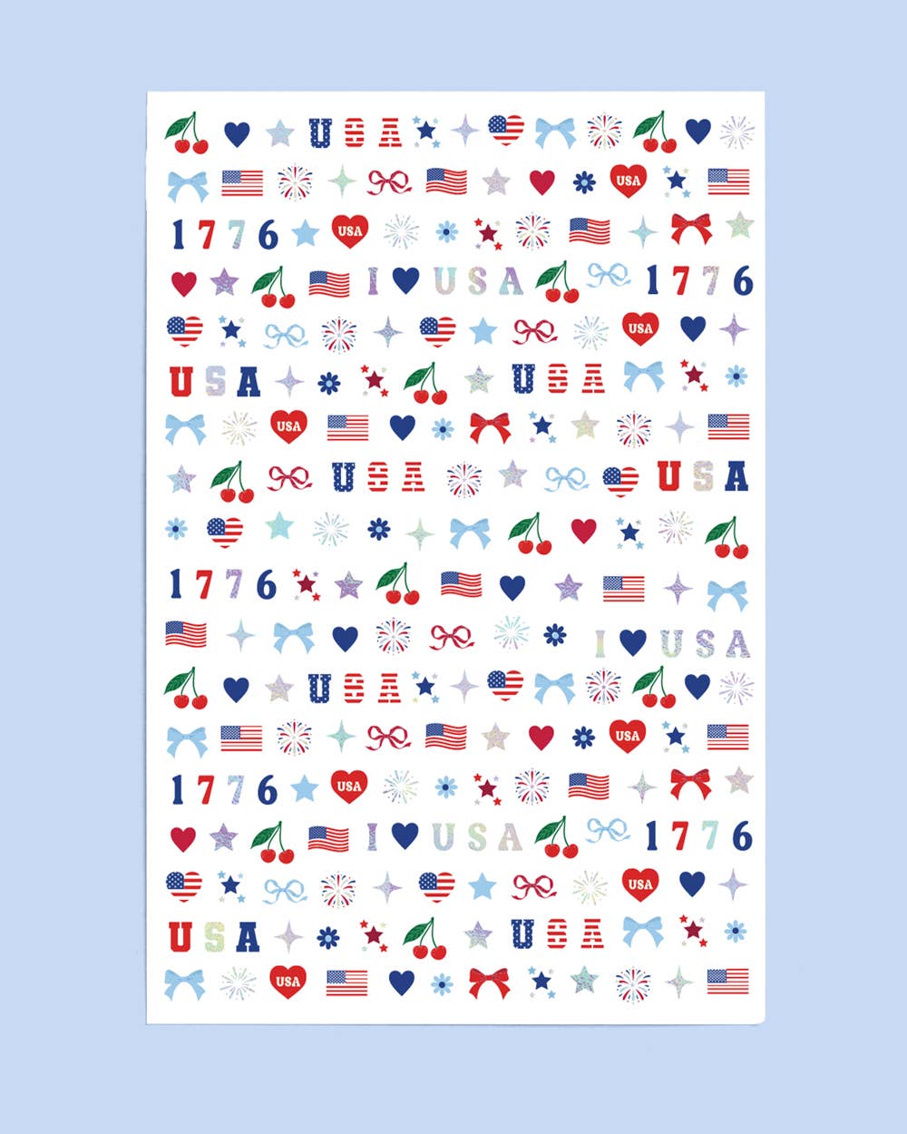 four complete sheets of peel-and-stick nail art with premium CMYK color, iridescent foil, and patriotic icons (bows, cherries, fireworks, flags, hearts, stars, and USA accents)