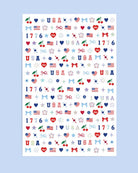 four complete sheets of peel-and-stick nail art with premium CMYK color, iridescent foil, and patriotic icons (bows, cherries, fireworks, flags, hearts, stars, and USA accents)