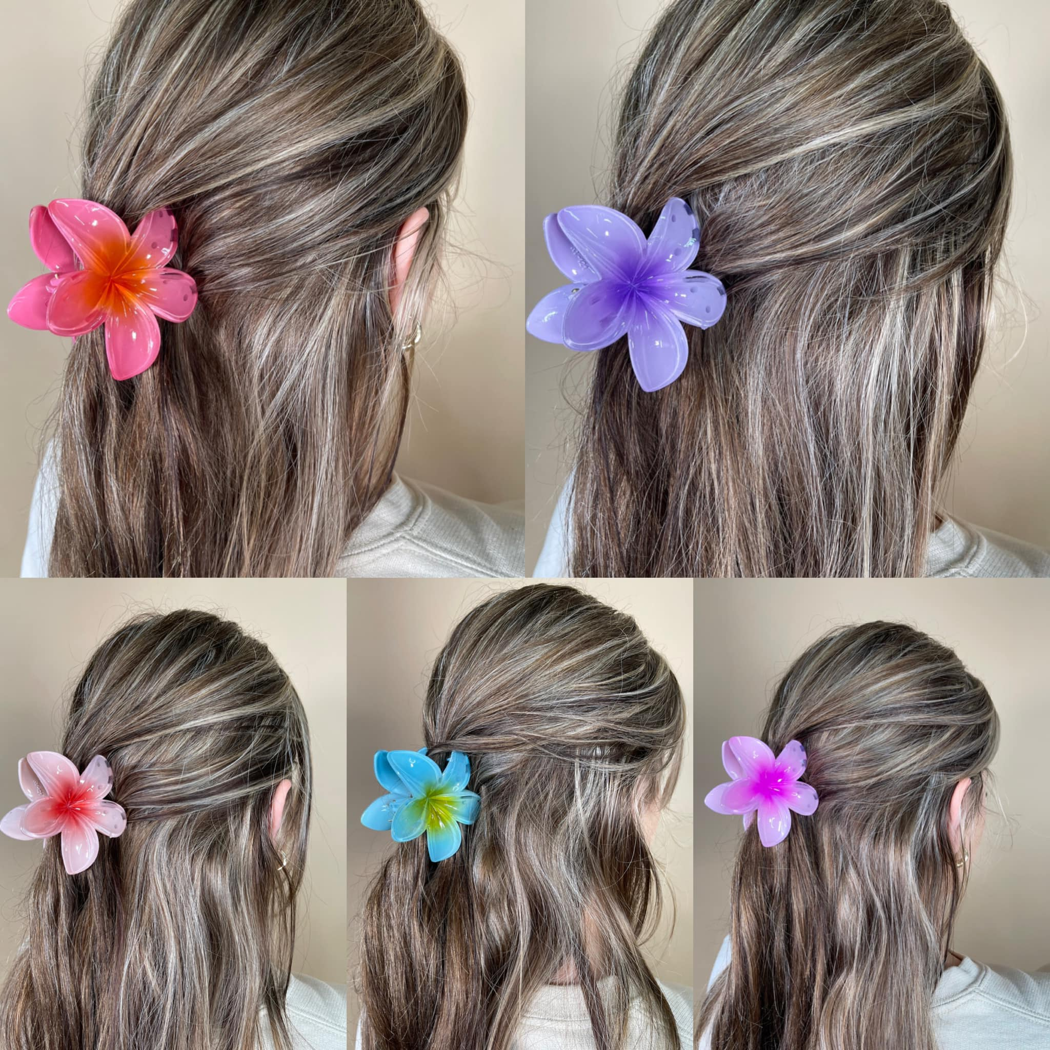 Collage of hair styled with colorful flower hair clips on a neutral background