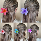 Collage of hair styled with colorful flower hair clips on a neutral background
