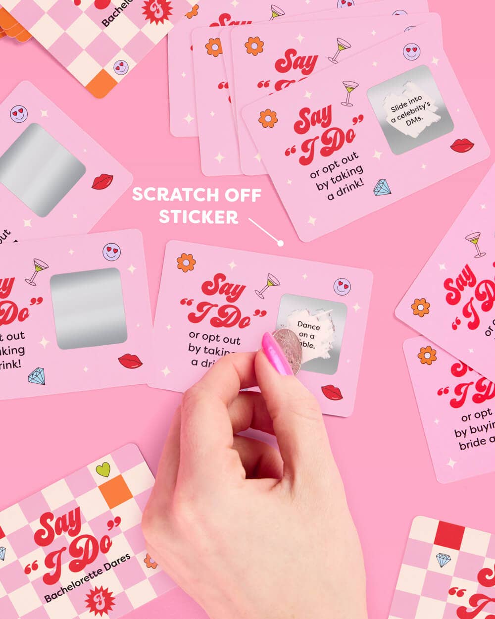 a 25-card bachelorette scratch-off dare card game with pink bridal designs, hidden silver panels, playful prompts, and a compact size for gifting, travel, favors, or GNO fun