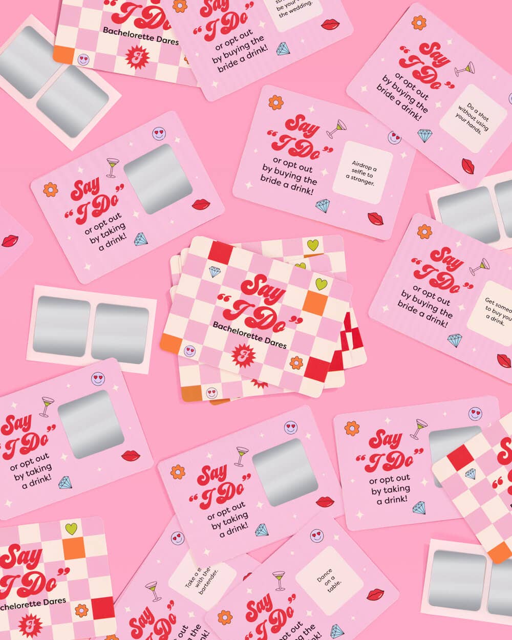 a 25-card bachelorette scratch-off dare card game with pink bridal designs, hidden silver panels, playful prompts, and a compact size for gifting, travel, favors, or GNO fun