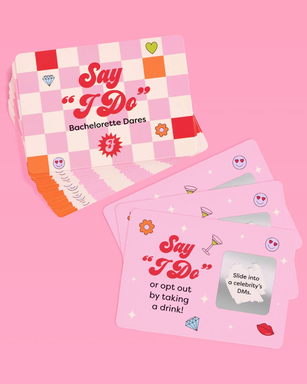 a 25-card bachelorette scratch-off dare card game with pink bridal designs, hidden silver panels, playful prompts, and a compact size for gifting, travel, favors, or GNO fun