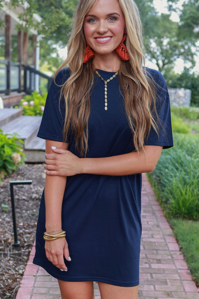 lightweight short sleeve basic t-shirt dress with a round neck