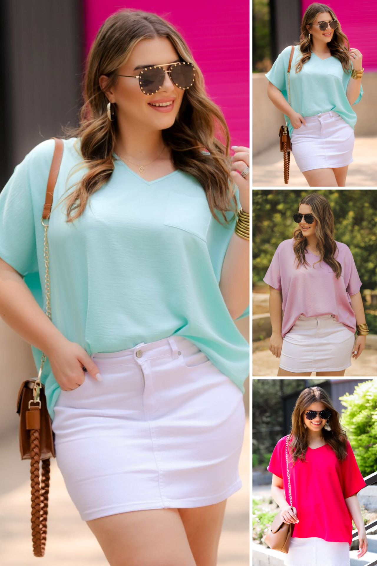 a lightweight short-sleeve woven tunic with a V-neckline, a front chest pocket, and a relaxed, non-stretch silhouette in aqua, lilac, and magenta