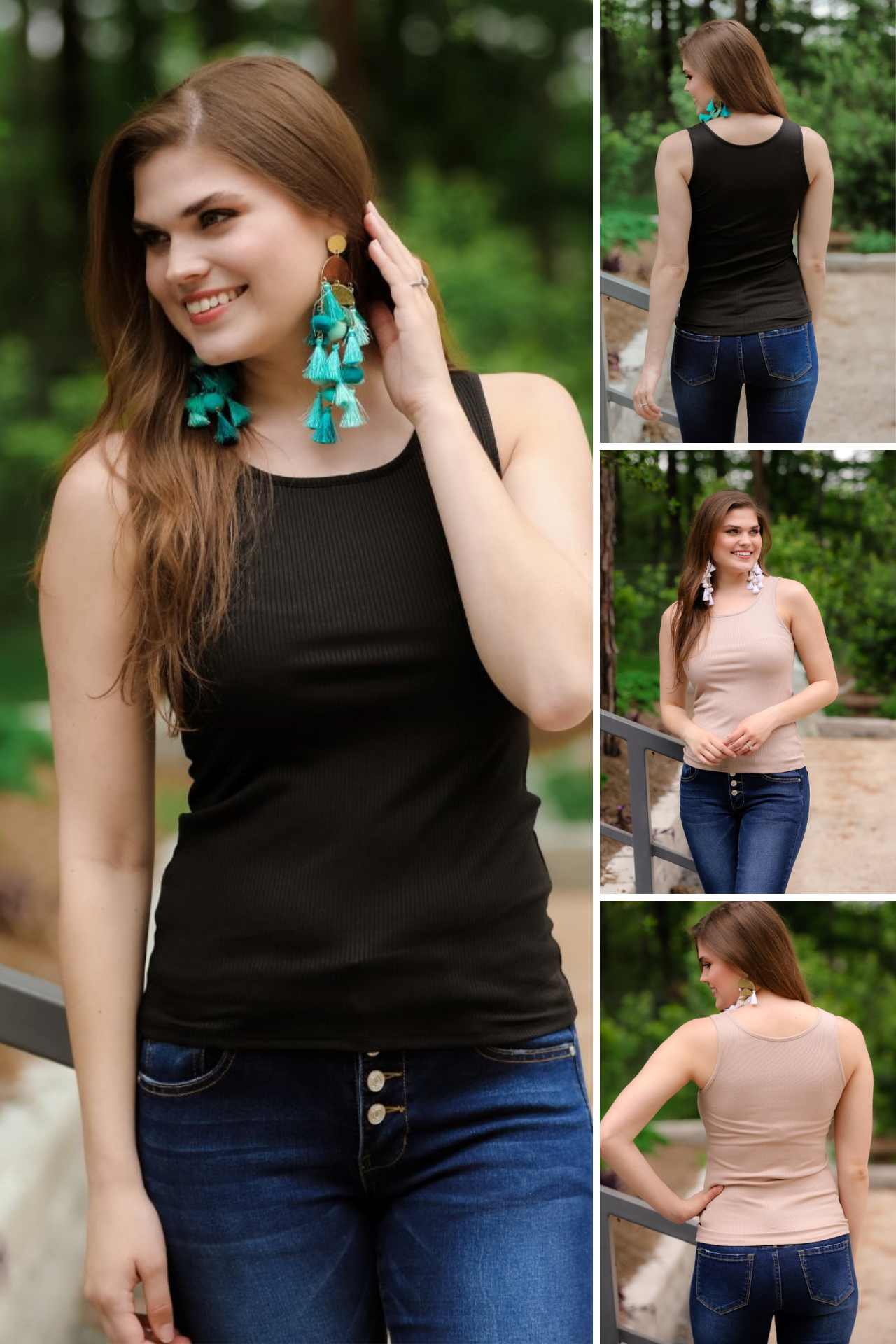 a sleeveless tank top made of stretchy ribbed fabric in black and taupe