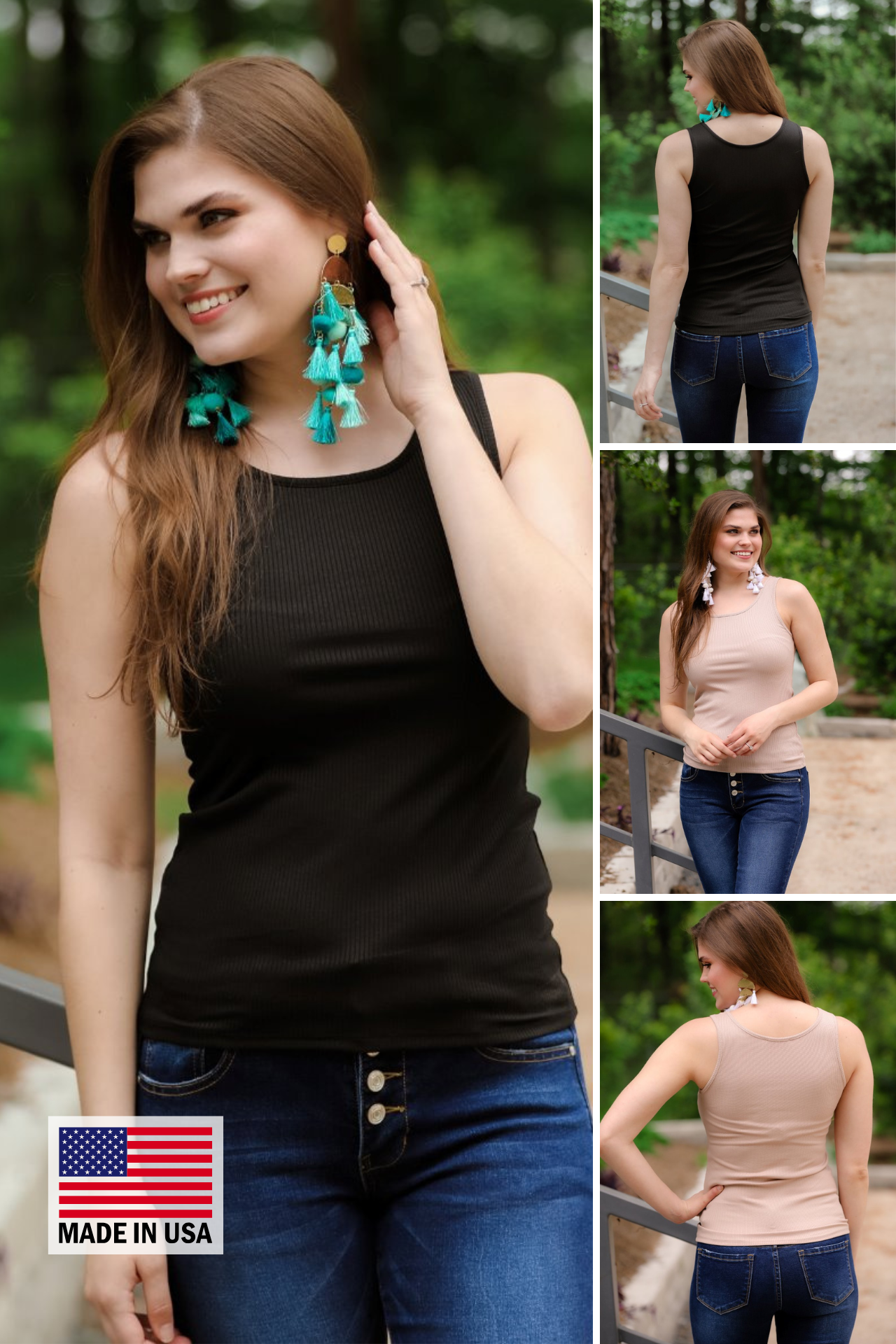a sleeveless tank top made of stretchy ribbed fabric in black and taupe, accented with a MADE IN USA watermark in bottom left corner