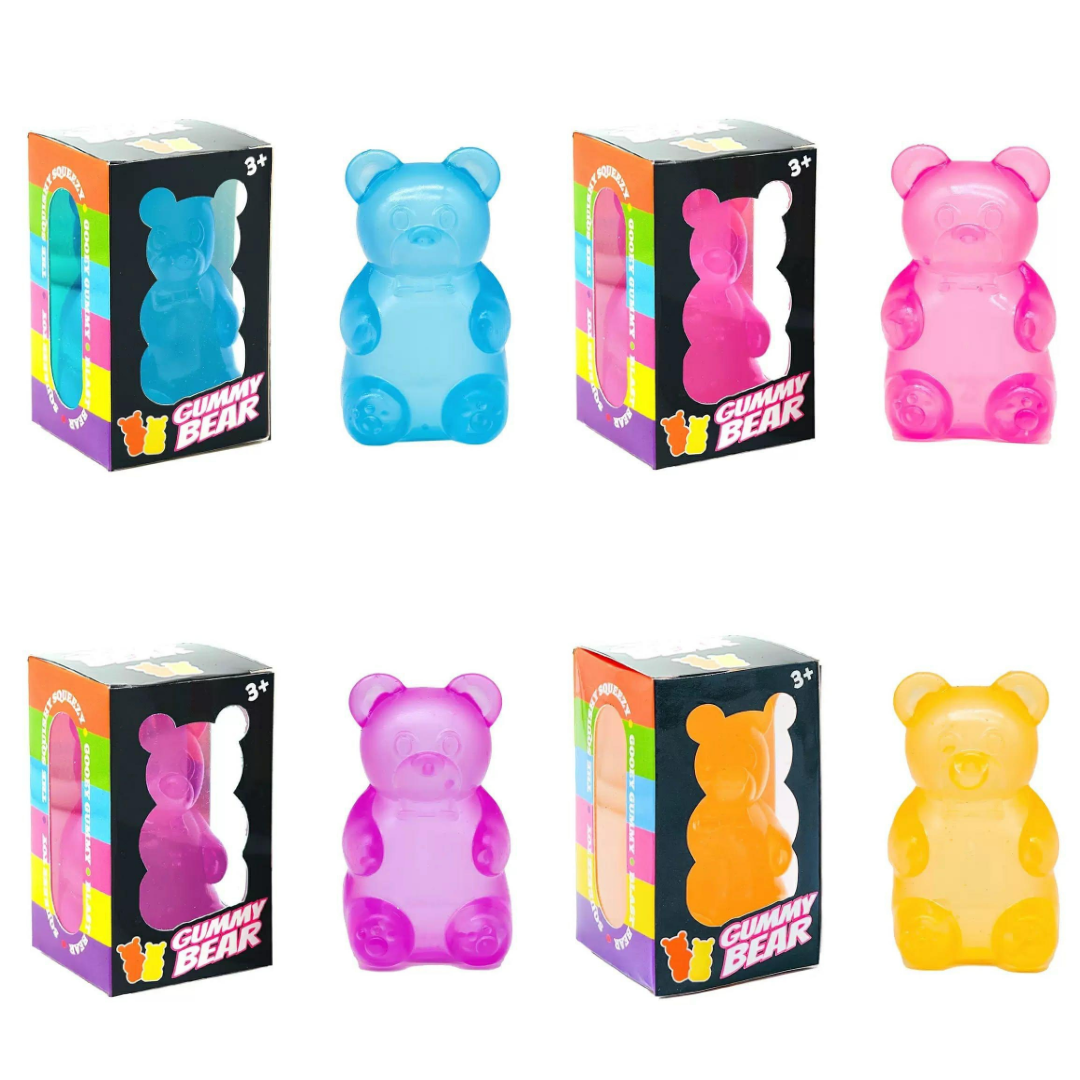 four jumbo gummy bear squishes with a super soft slow-rising feel, and a bright translucent color available in blue, pink, purple, and yellow