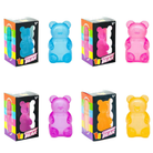 four jumbo gummy bear squishes with a super soft slow-rising feel, and a bright translucent color available in blue, pink, purple, and yellow