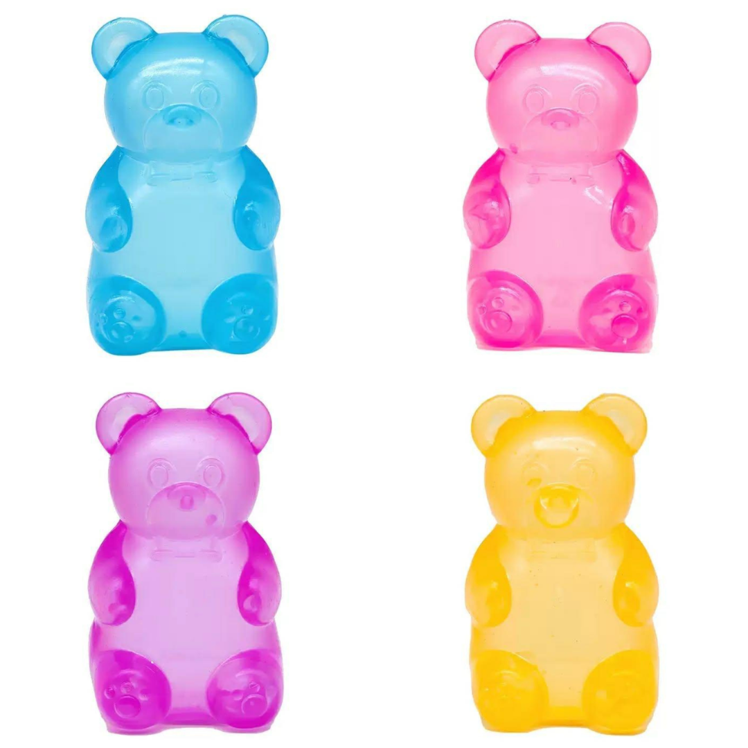 four jumbo gummy bear squishes with a super soft slow-rising feel, and a bright translucent color available in blue, pink, purple, and yellow