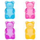 four jumbo gummy bear squishes with a super soft slow-rising feel, and a bright translucent color available in blue, pink, purple, and yellow