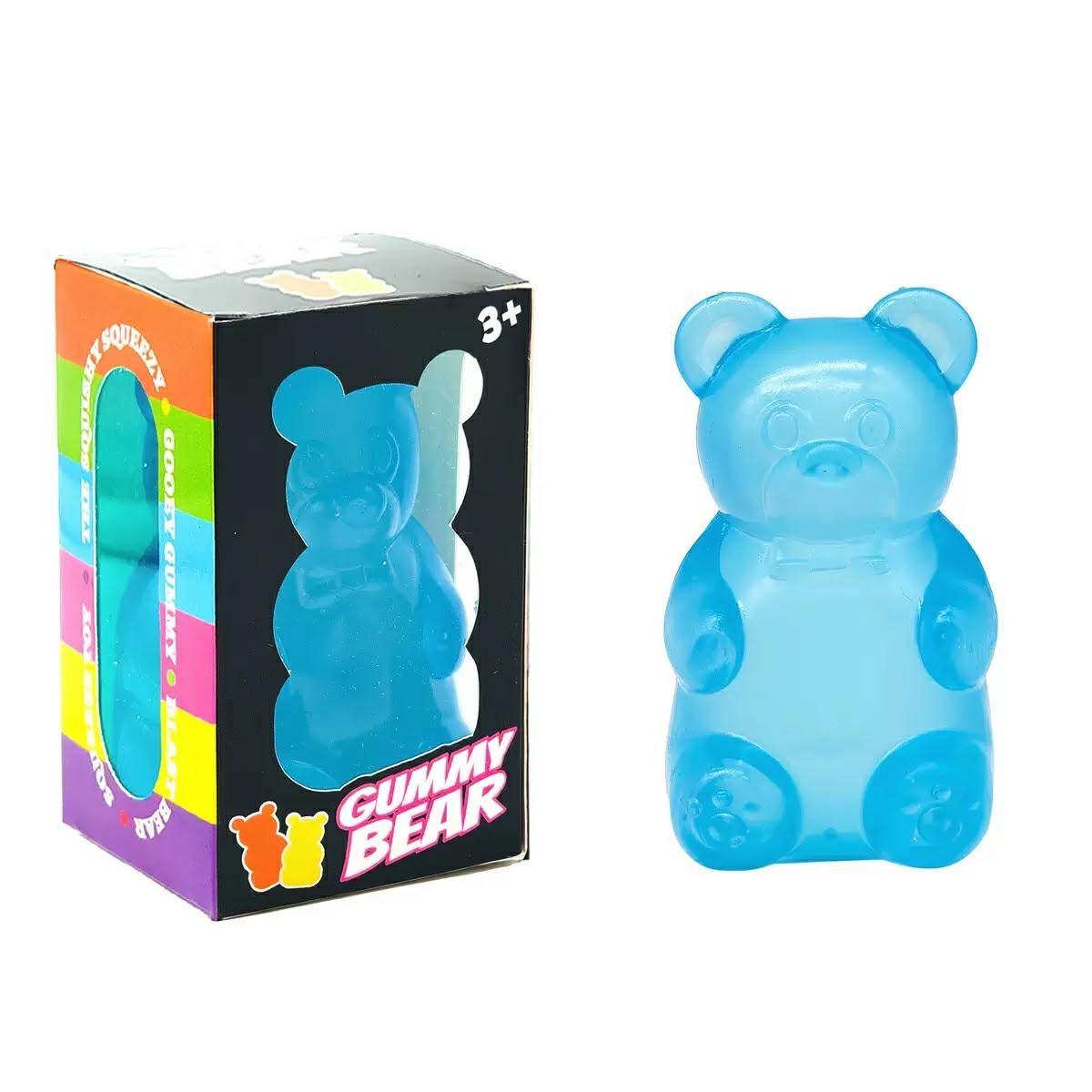 a blue jumbo gummy bear squishes with a super soft slow-rising feel, and a bright translucent color