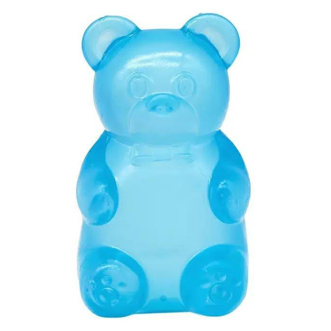 a blue jumbo gummy bear squishes with a super soft slow-rising feel, and a bright translucent color