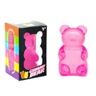 a pink jumbo gummy bear squishes with a super soft slow-rising feel, and a bright translucent color