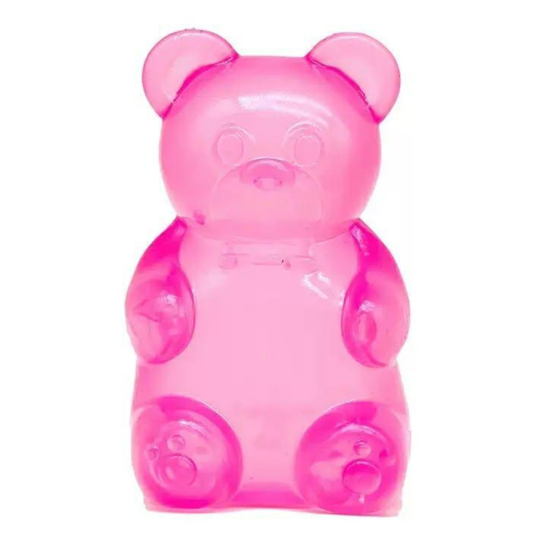a pink jumbo gummy bear squishes with a super soft slow-rising feel, and a bright translucent color