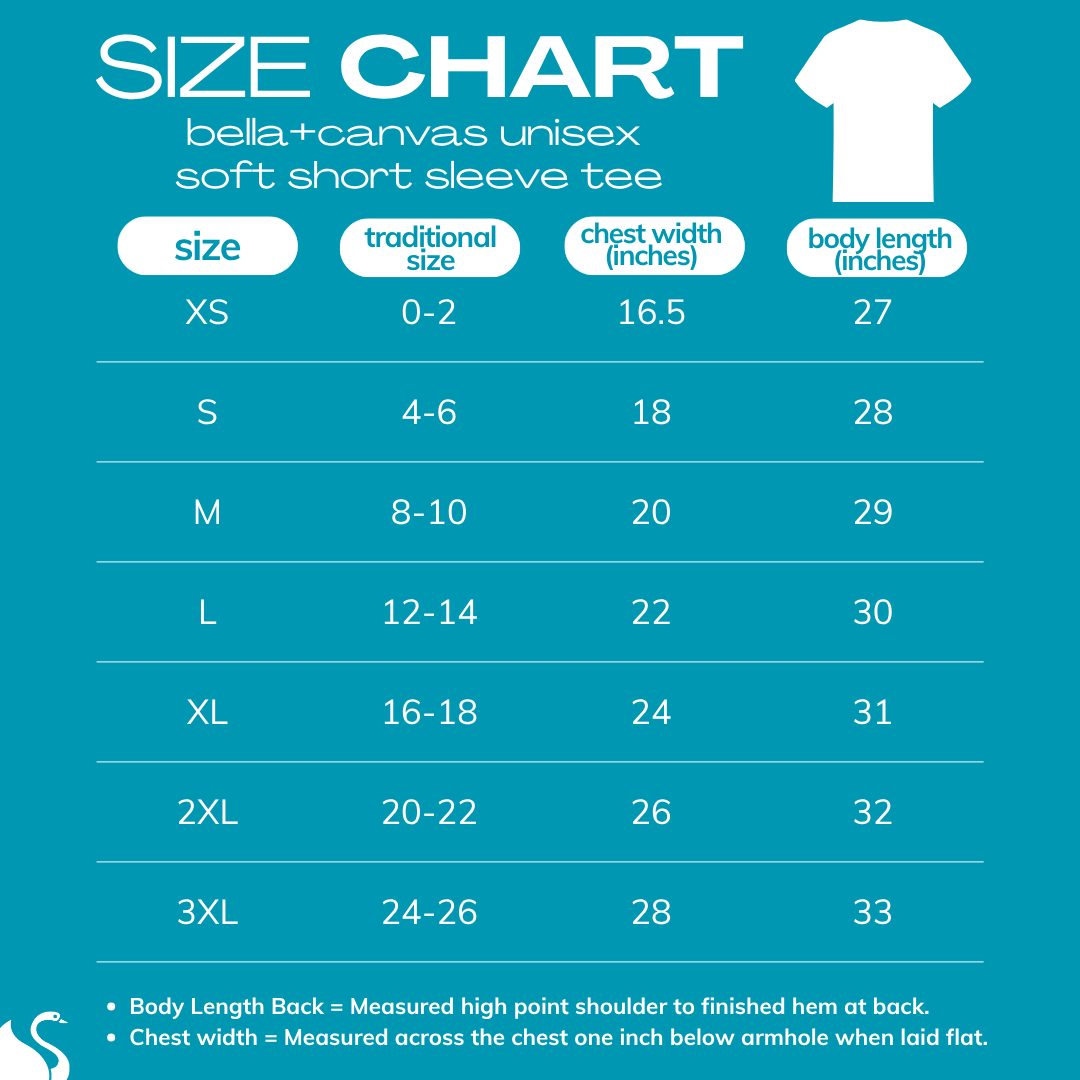 size chart for BELLA+CANVAS Unisex Soft Short Sleeve Tee