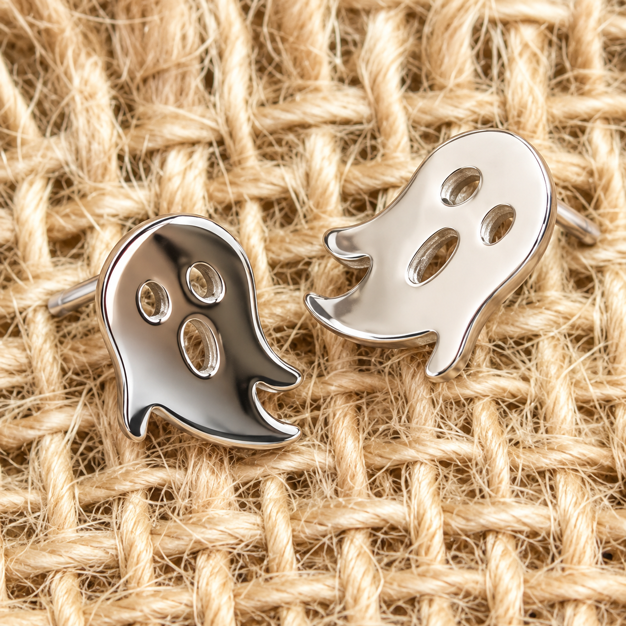 lightweight gold stainless steel, gold-plated post-stud earrings with shiny mirror-image ghost silhouettes, matching barrel earring backs, and nickel/lead compliant construction
