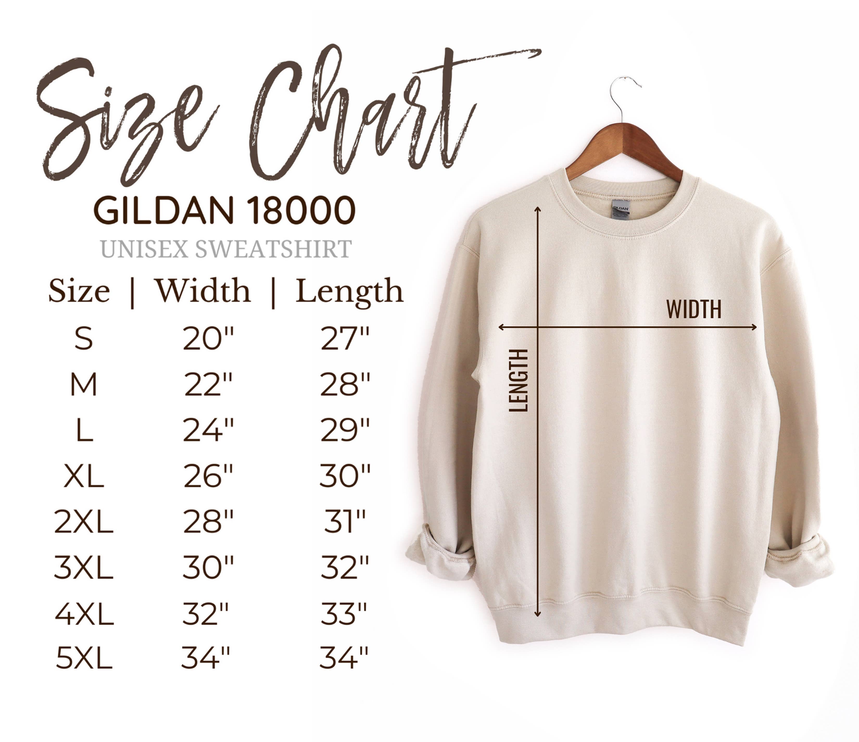 Gildan 18000 unisex sweatshirt size chart with measurements on a white background