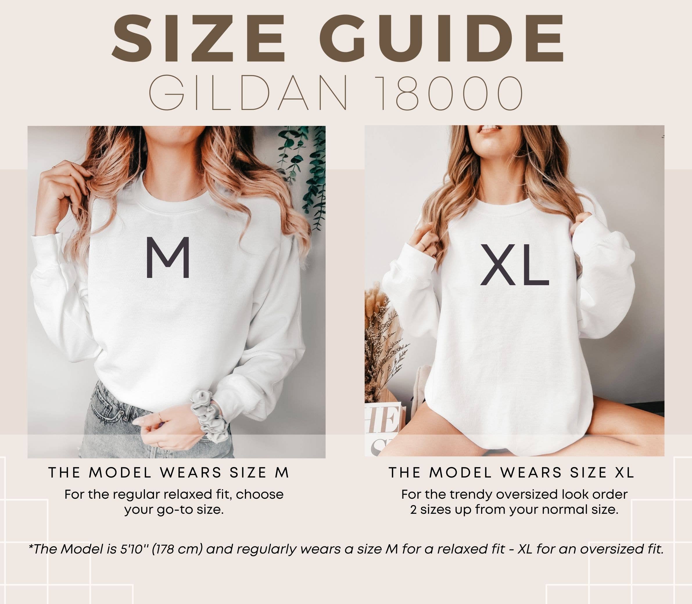 Size guide for Gildan 18000 shirts showing a model wearing size M and XL.