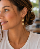 gold hoop post earring with mixed bow accents (two solid, one open, and one rhinestone-detailed designs), finished with a secure gold comfort earring backs-back closure