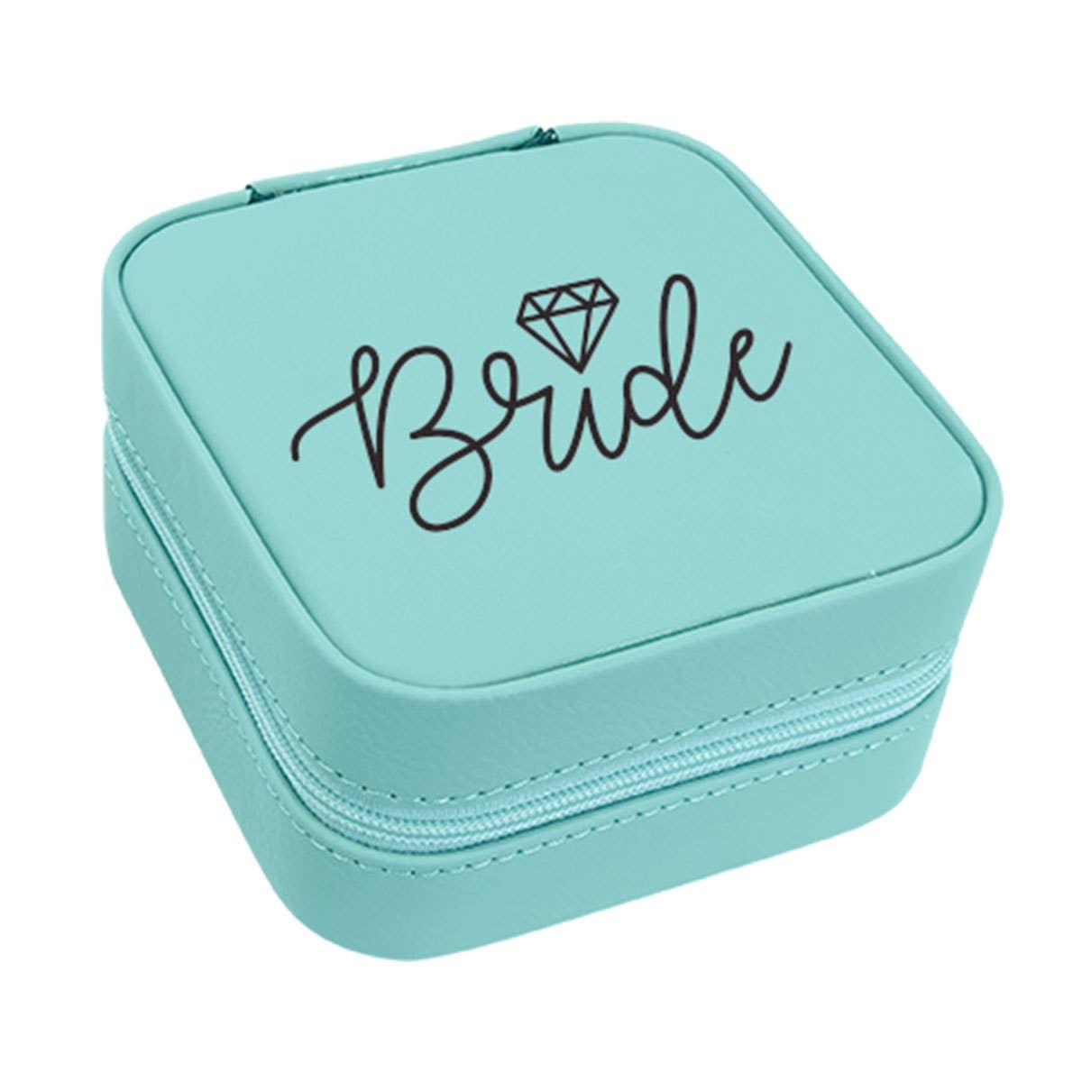 Turquoise jewelry box with 'Bride' and a diamond symbol on a white background