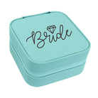 Turquoise jewelry box with 'Bride' and a diamond symbol on a white background
