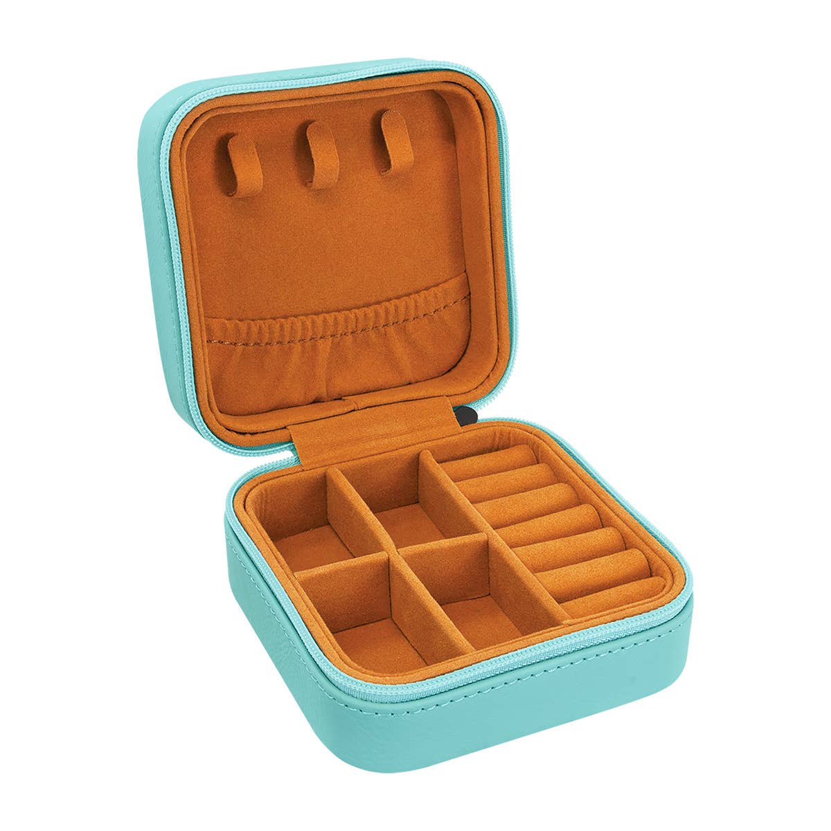Jewelry case with turquoise exterior and orange interior on a white background