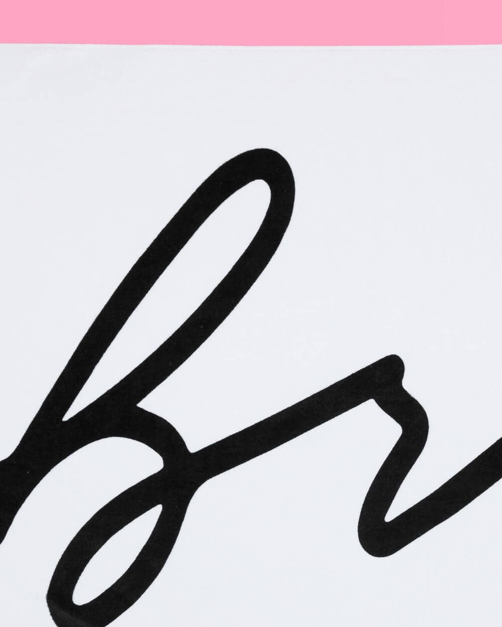 Black cursive text on a white background with a pink stripe at the top